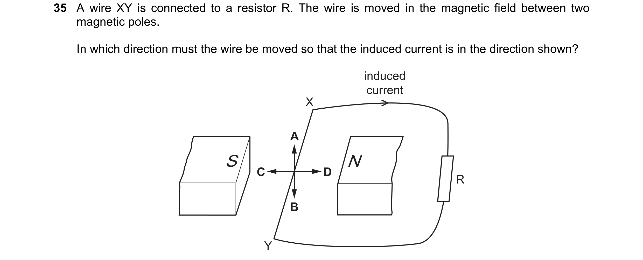 Question 117: A wire XY is connected to a resistor R. The wire is moved in the magnetic field between two magnetic poles. In which direction must the wir…