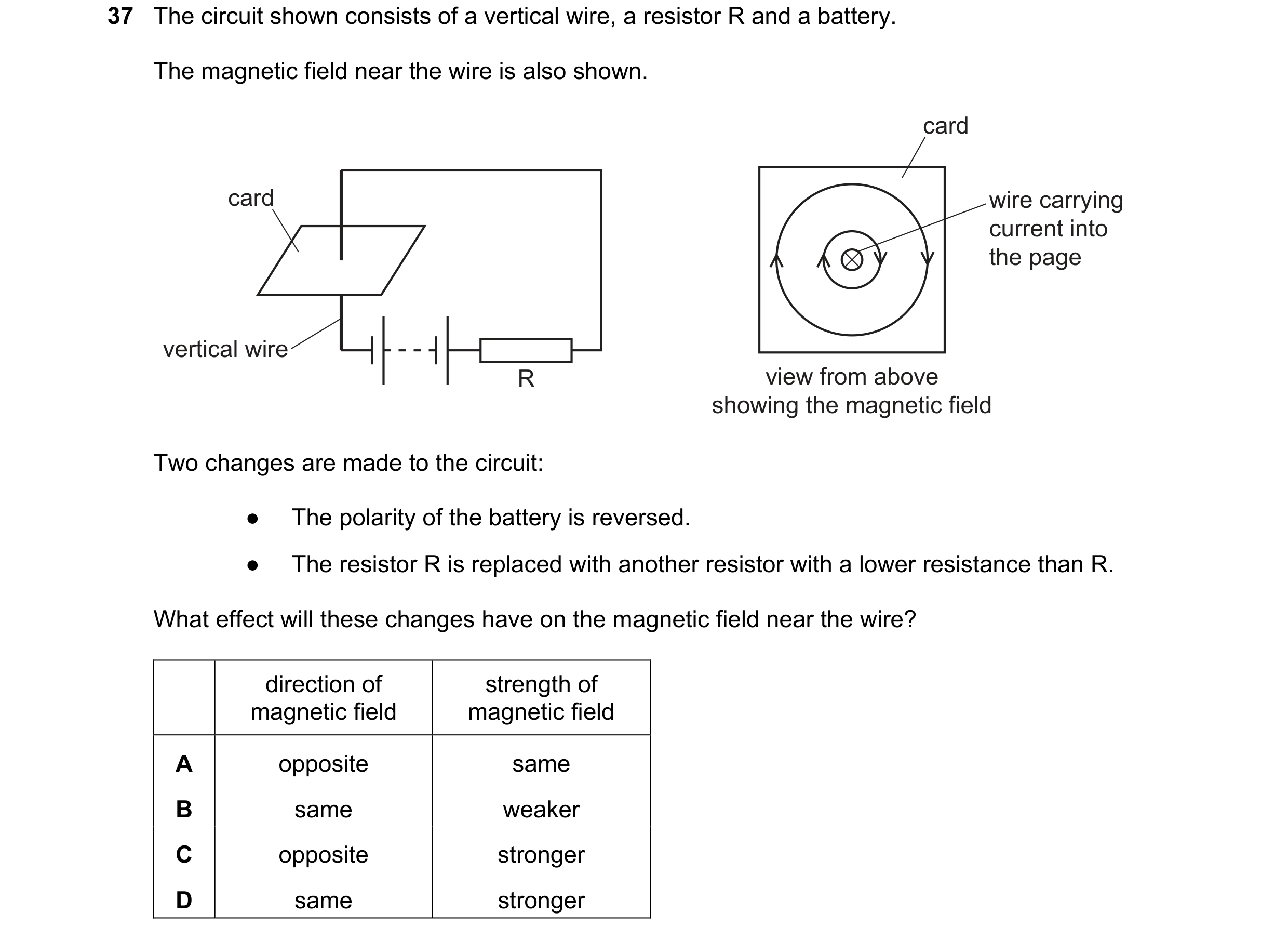 Question 119: The circuit shown consists of a vertical wire, a resistor R and a battery. The magnetic field near the wire is also shown. card card wire c…