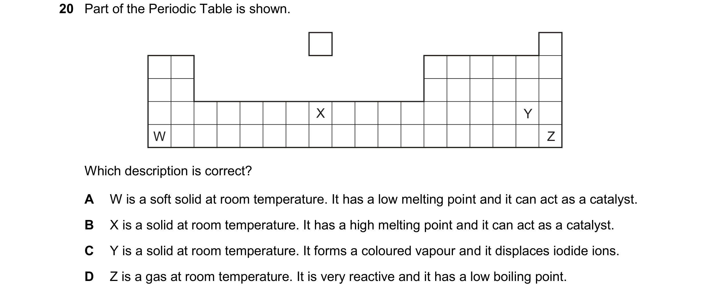 Question 18: Part of the Periodic Table is shown. X Y W Z Which description is correct? A W is a soft solid at room temperature. It has a low melting po…