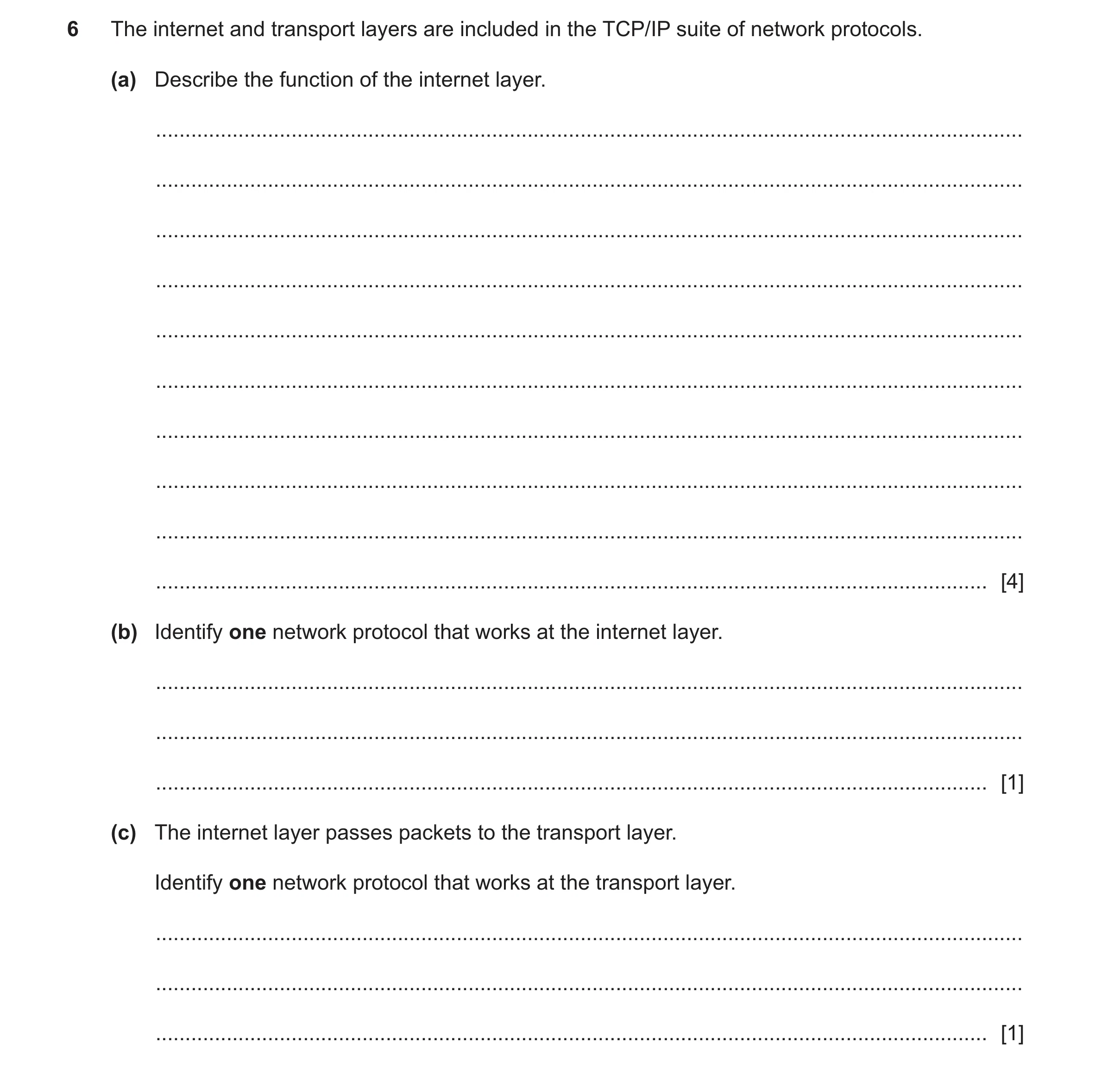 Question 17: The internet and transport layers are included in the TCP/IP suite of network protocols. (a) Describe the function of the internet layer. .…