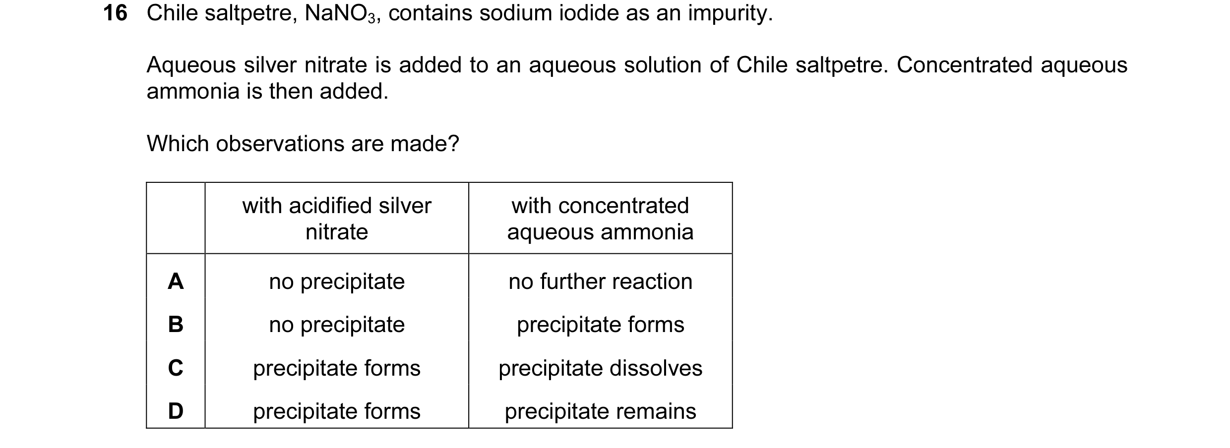 Question 12: Chile saltpetre, NaNO3, contains sodium iodide as an impurity. Aqueous silver nitrate is added to an aqueous solution of Chile saltpetre. C…