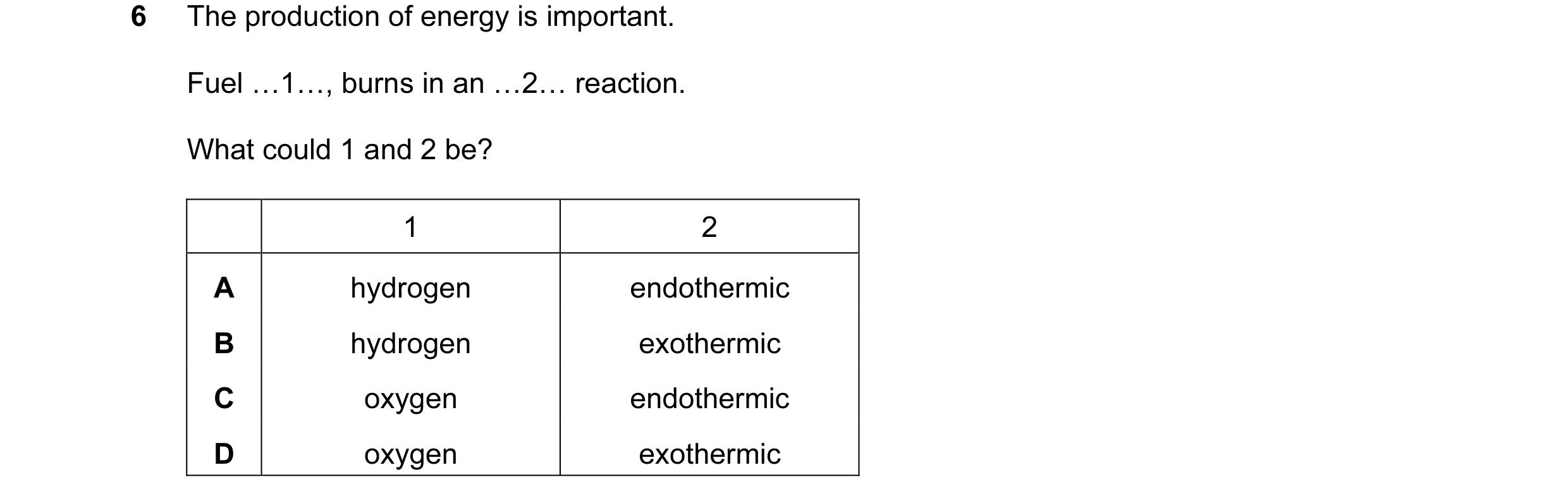 Question 1: The production of energy is important. Fuel …1…, burns in an …2… reaction. What could 1 and 2 be? 1 2 A hydrogen endothermic B hydrogen exo…