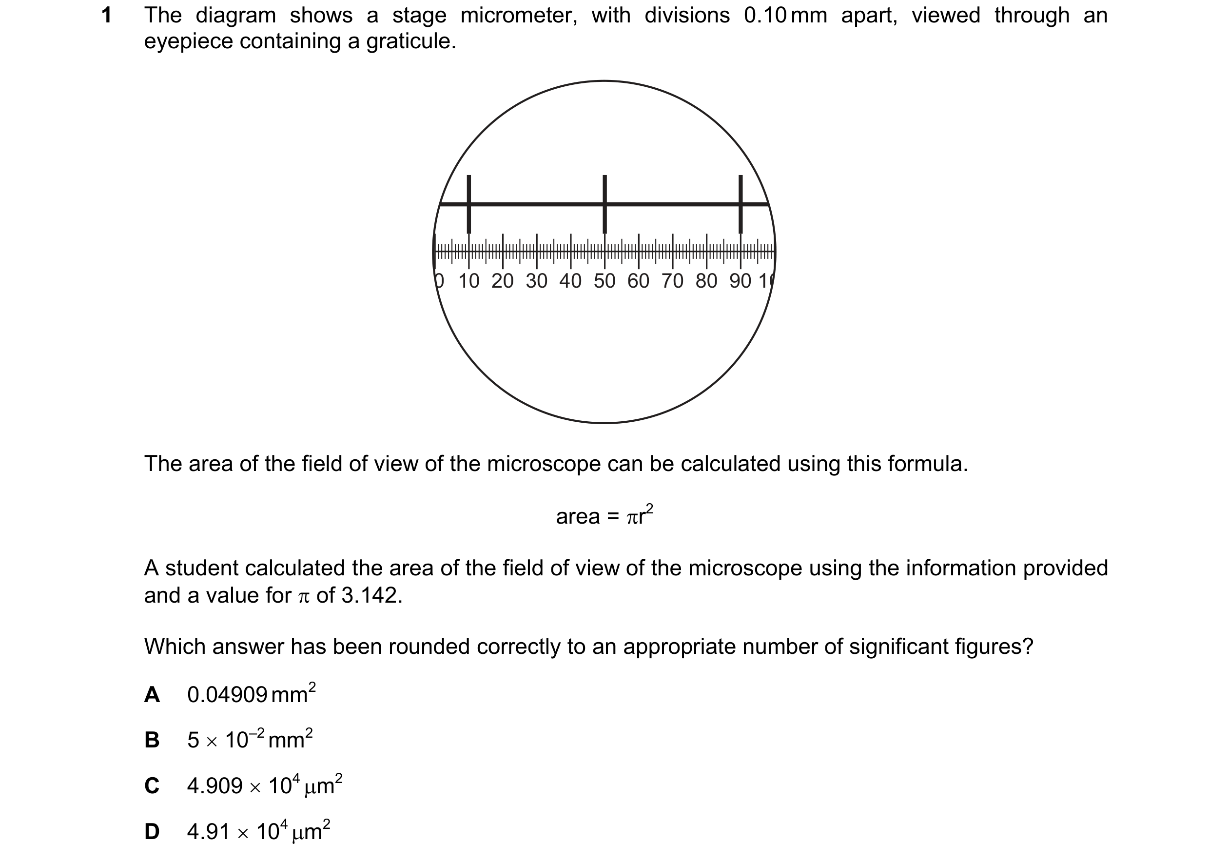 Question 164: The diagram shows a stage micrometer, with divisions 0.10 mm apart, viewed through an eyepiece containing a graticule. 0 10 20 30 40 50 60 …