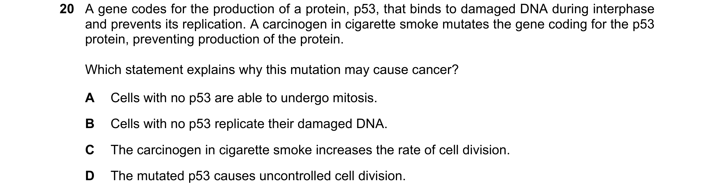Question 155: A gene codes for the production of a protein, p53, that binds to damaged DNA during interphase and prevents its replication. A carcinogen i…