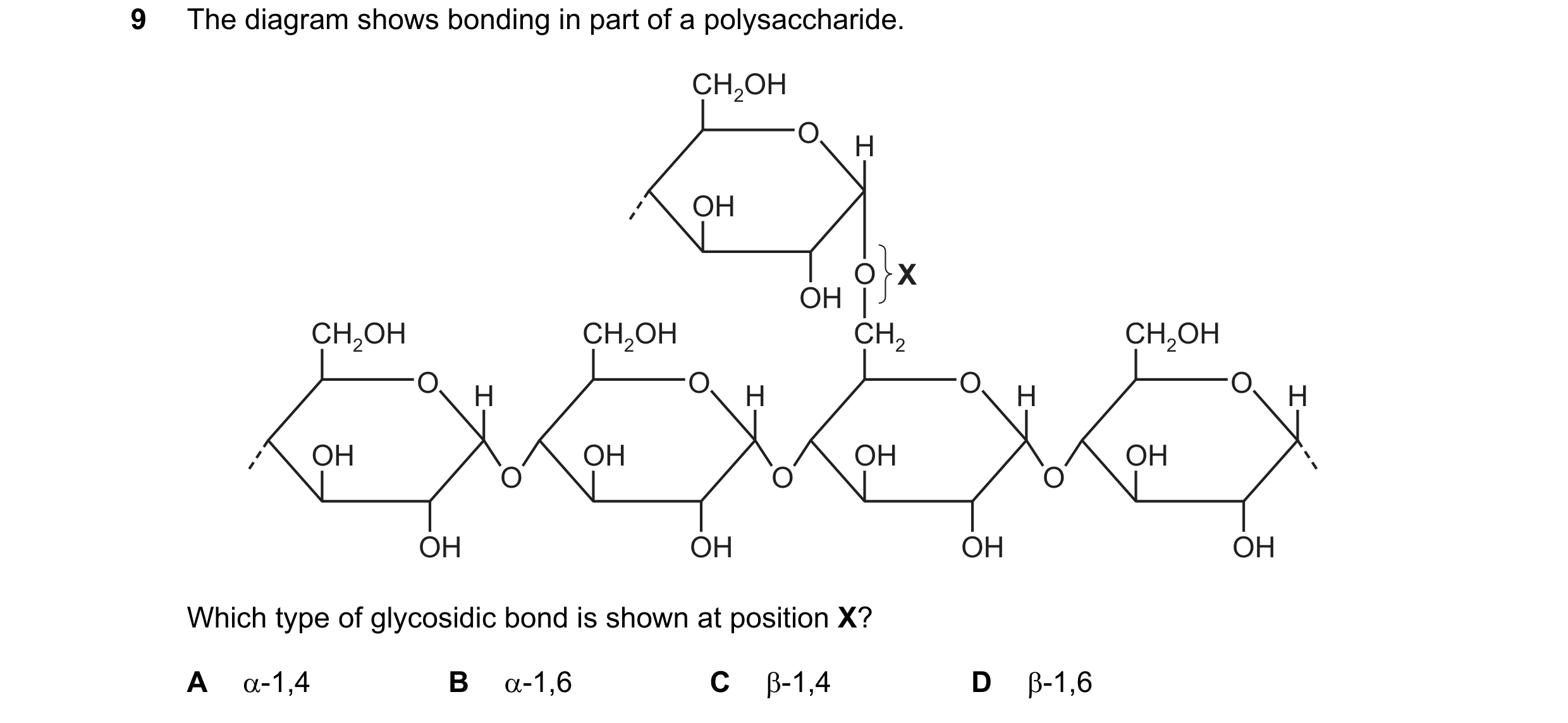 Question 296: The diagram shows bonding in part of a polysaccharide. CH2OH O H OH O X OH CH2OH CH2OH CH2 CH2OH O O O O H H H H OH OH OH OH O O O OH OH OH…