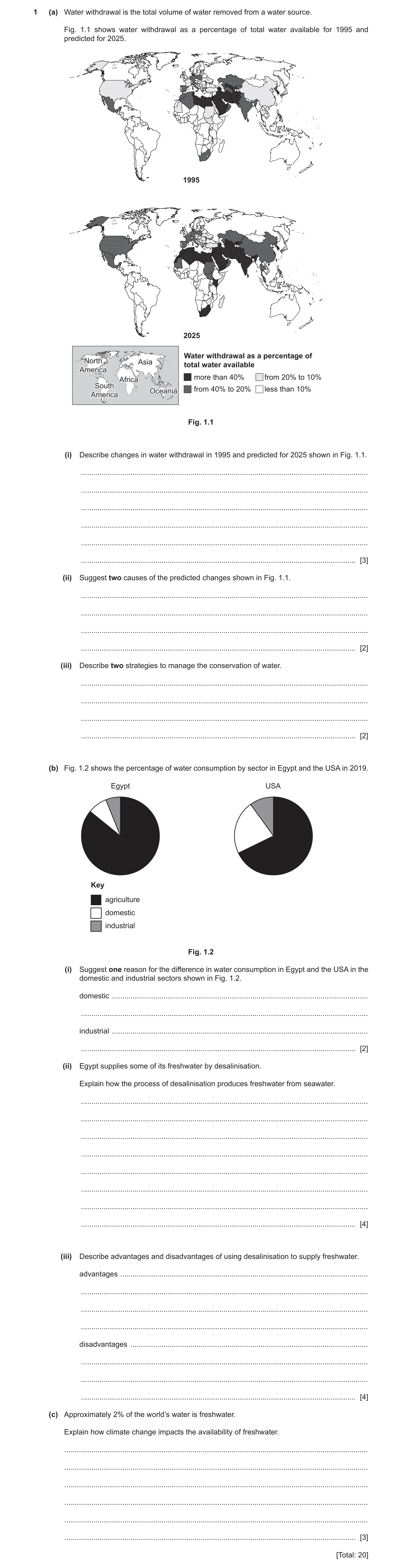 Question 11: (a) Water withdrawal is the total volume of water removed from a water source. Fig. 1.1 shows water withdrawal as a percentage of total wat…