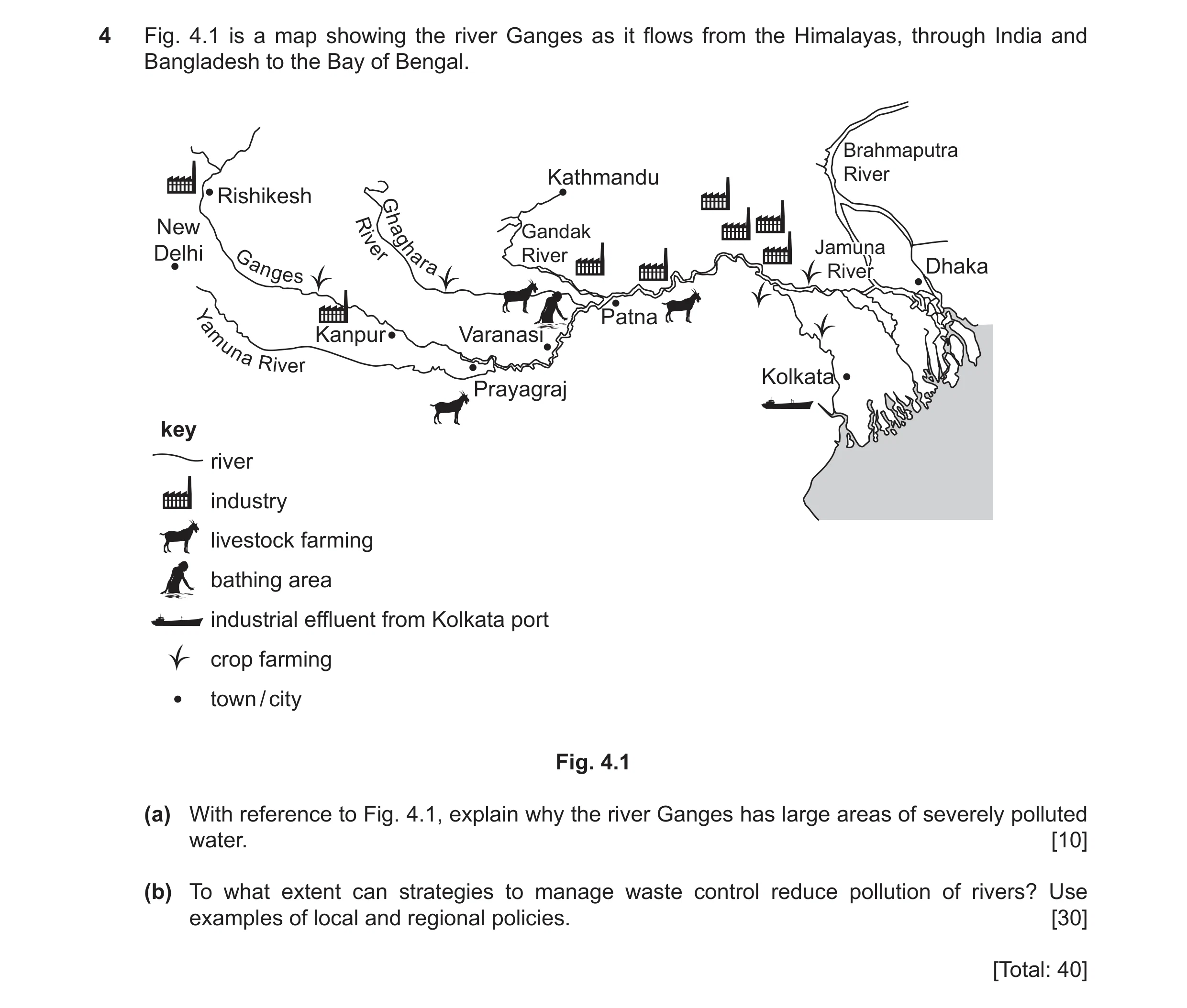 Question 41: Fig. 4.1 is a map showing the river Ganges as it flows from the Himalayas, through India and Bangladesh to the Bay of Bengal. Brahmaputra K…