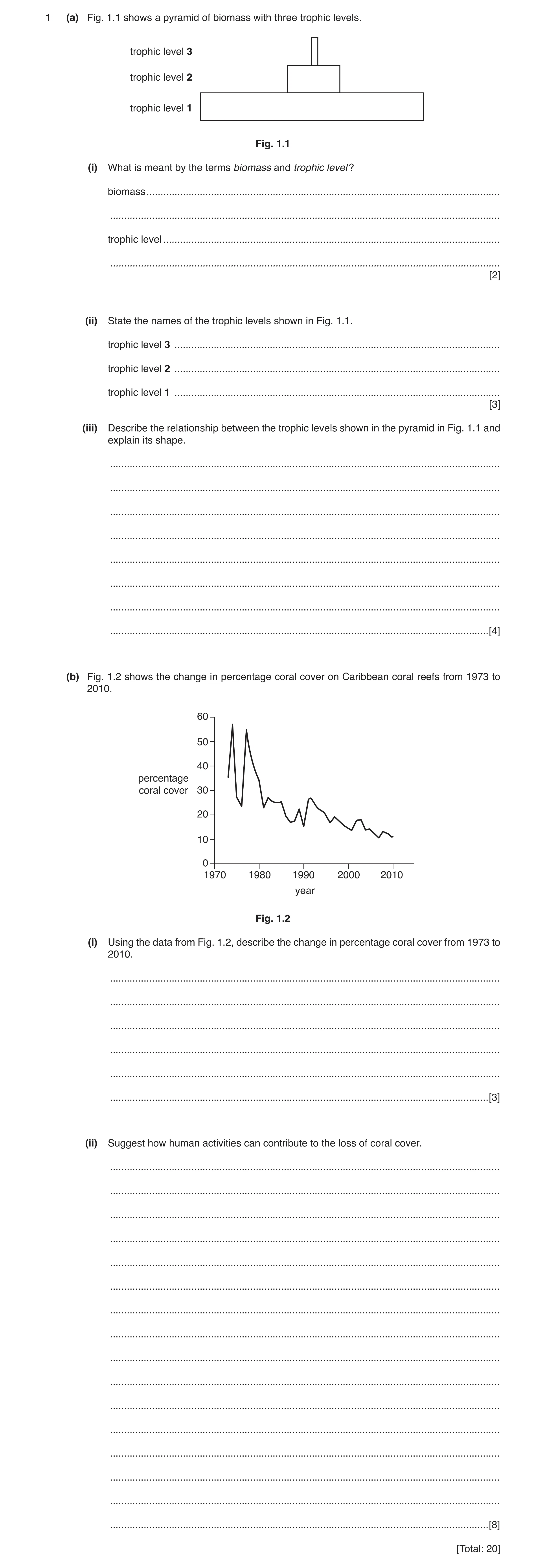 Question 4: (a) Fig. 1.1 shows a pyramid of biomass with three trophic levels. trophic level 3 trophic level 2 trophic level 1 Fig. 1.1 (i) What is mea…