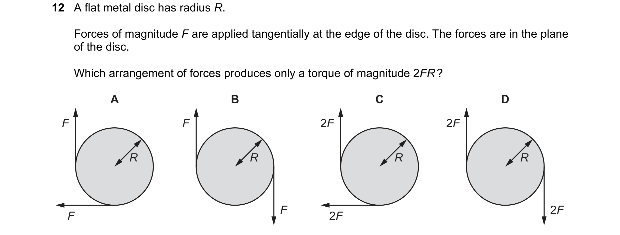 Question 80: A flat metal disc has radius R. Forces of magnitude F are applied tangentially at the edge of the disc. The forces are in the plane of the …
