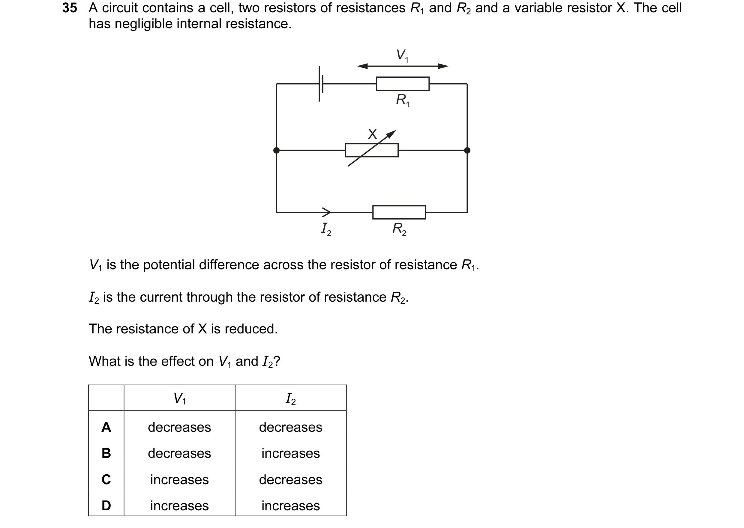 Question 111: A circuit contains a cell, two resistors of resistances R1 and R2 and a variable resistor X. The cell has negligible internal resistance. V…
