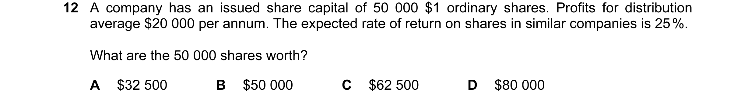 Question 17: A company has an issued share capital of 50 000 $1 ordinary shares. Profits for distribution average $20 000 per annum. The expected rate o…