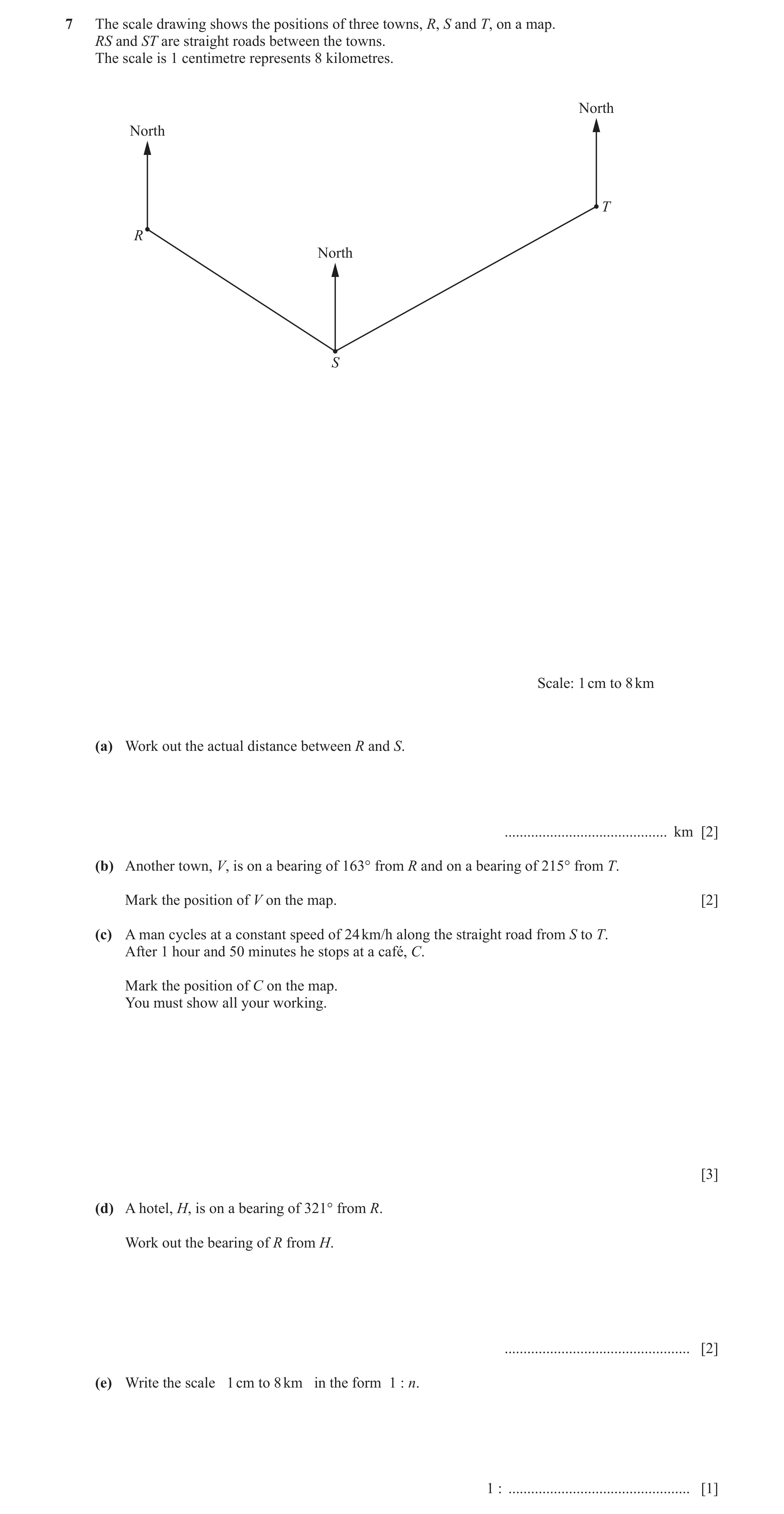 Question 122: The scale drawing shows the positions of three towns, R, S and T, on a map. RS and ST are straight roads between the towns. The scale is 1 …