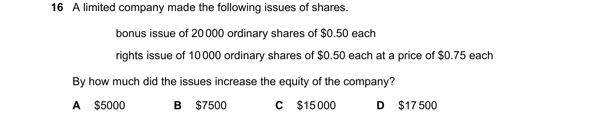 Question 541: A limited company made the following issues of shares. bonus issue of 20 000 ordinary shares of $0.50 each rights issue of 10 000 ordinary …