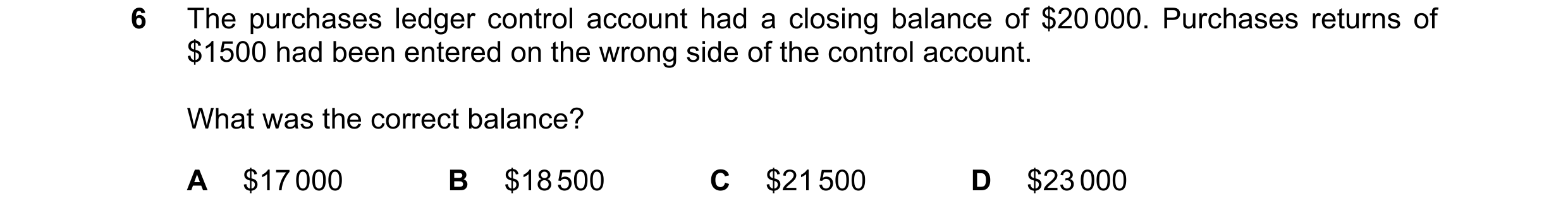Question 197: The purchases ledger control account had a closing balance of $20 000. Purchases returns of $1500 had been entered on the wrong side of the…