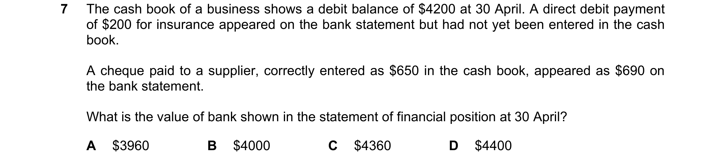 Question 198: The cash book of a business shows a debit balance of $4200 at 30 April. A direct debit payment of $200 for insurance appeared on the bank s…