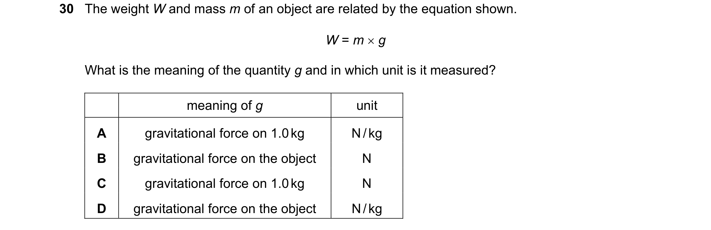 Question 35: The weight W and mass m of an object are related by the equation shown. W = m × g What is the meaning of the quantity g and in which unit i…