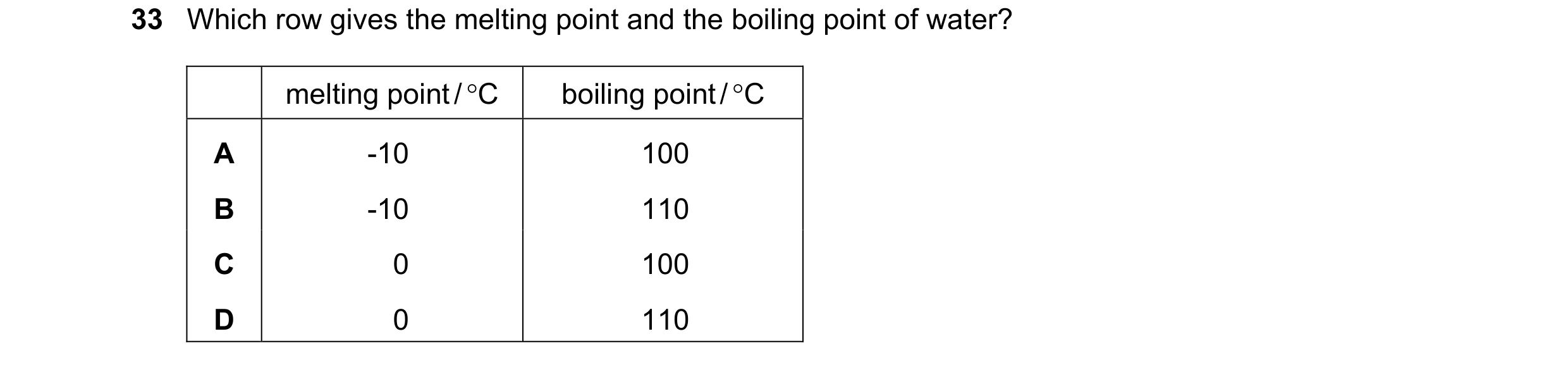 Question 33: Which row gives the melting point and the boiling point of water? melting point / °C boiling point / °C A -10 100 B -10 110 C 0 100 D 0 110