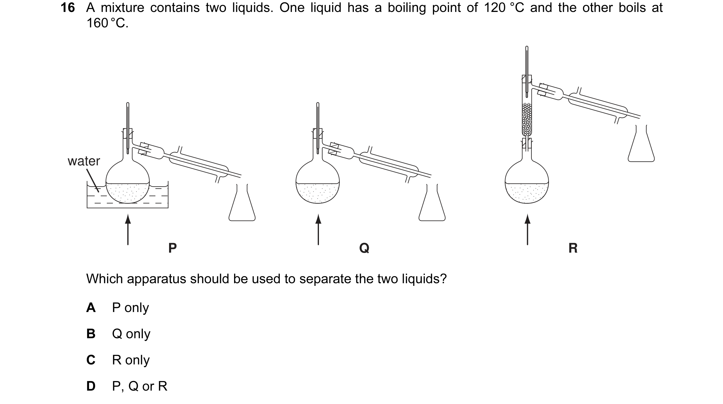 Question 1: A mixture contains two liquids. One liquid has a boiling point of 120 °C and the other boils at 160 °C. water P Q R Which apparatus should …