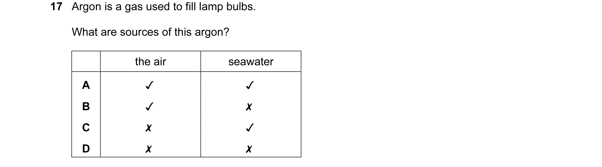 Question 1: Argon is a gas used to fill lamp bulbs.
What are sources of this argon?
the air seawater
A v v
B v x
Cc x v
D x x