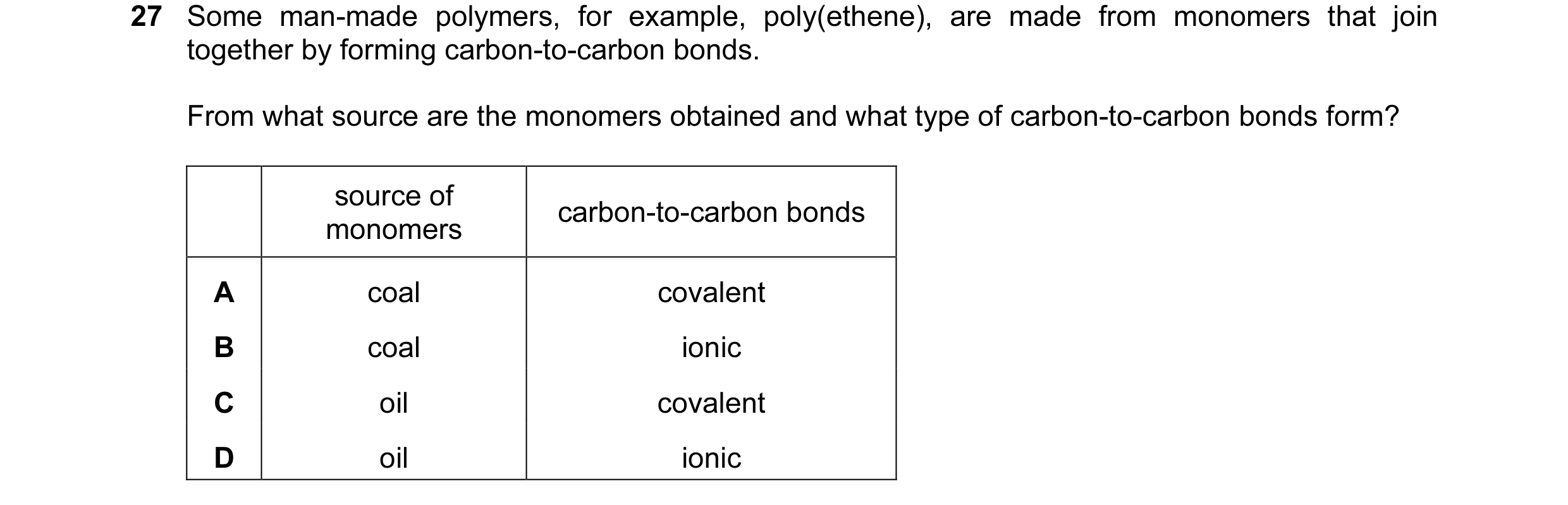Question 2: Some man-made polymers, for example, poly(ethene), are made from monomers that join together by forming carbon-to-carbon bonds. From what s…