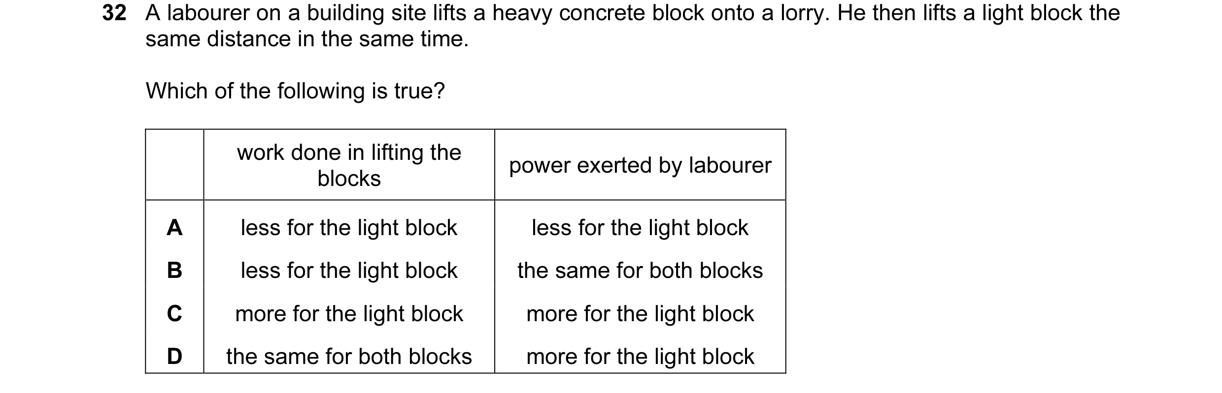 Question 3: A labourer on a building site lifts a heavy concrete block onto a lorry. He then lifts a light block the same distance in the same time. Wh…