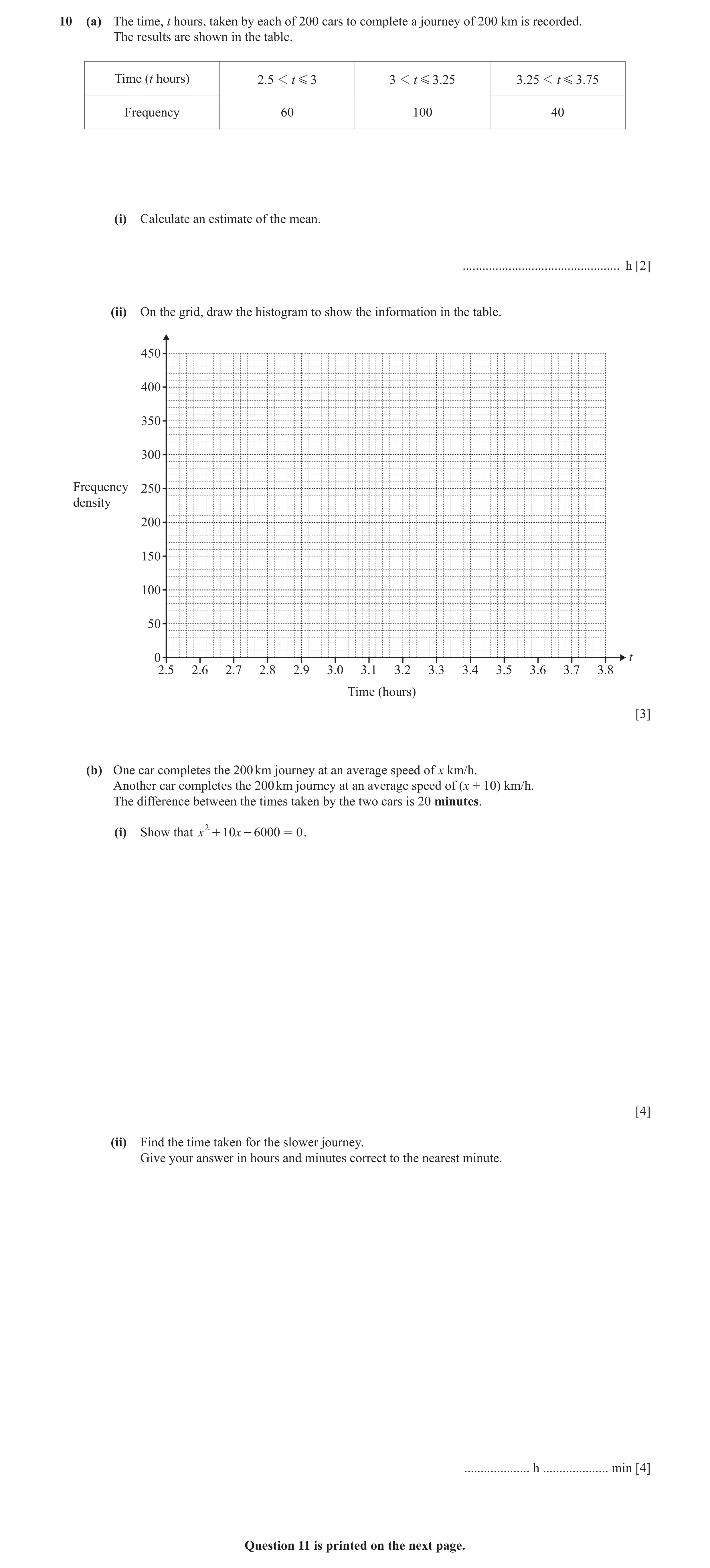 Question 6: (a) The time, t hours, taken by each of 200 cars to complete a journey of 200 km is recorded. The results are shown in the table. Time (t h…