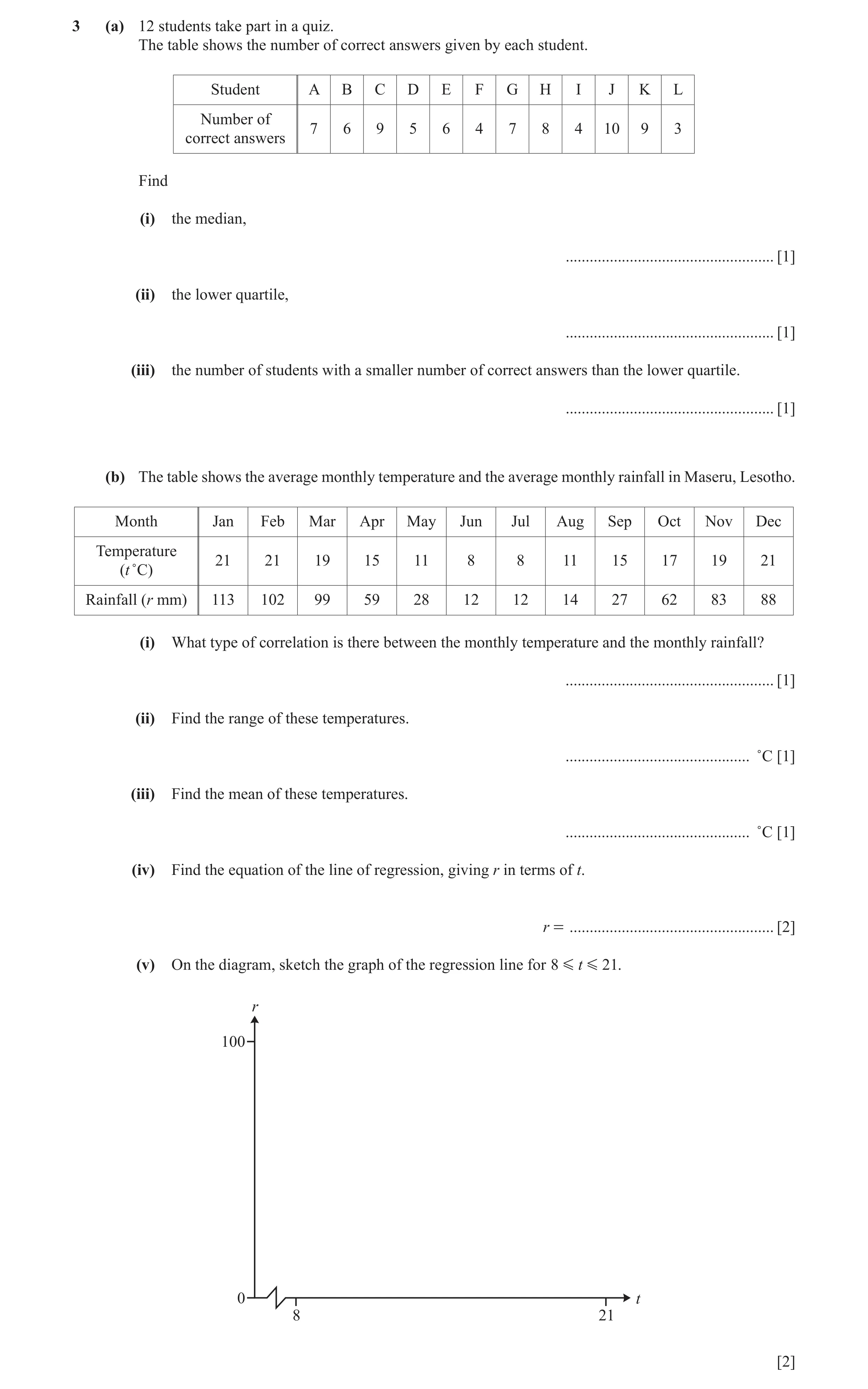 Question 2: (a) 12 students take part in a quiz. The table shows the number of correct answers given by each student. Student A B C D E F G H I J K L N…