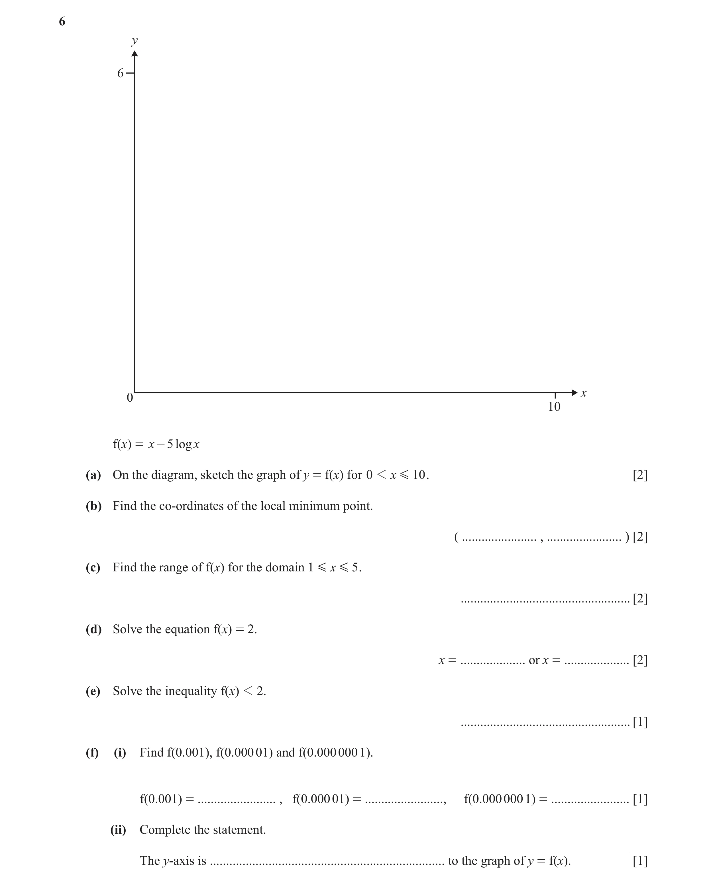 Question 5: y 6 x 0 10 f(x) = x - 5 log x (a) On the diagram, sketch the graph of y = f(x) for 0 1 x G 10 . [2] (b) Find the co-ordinates of the local …