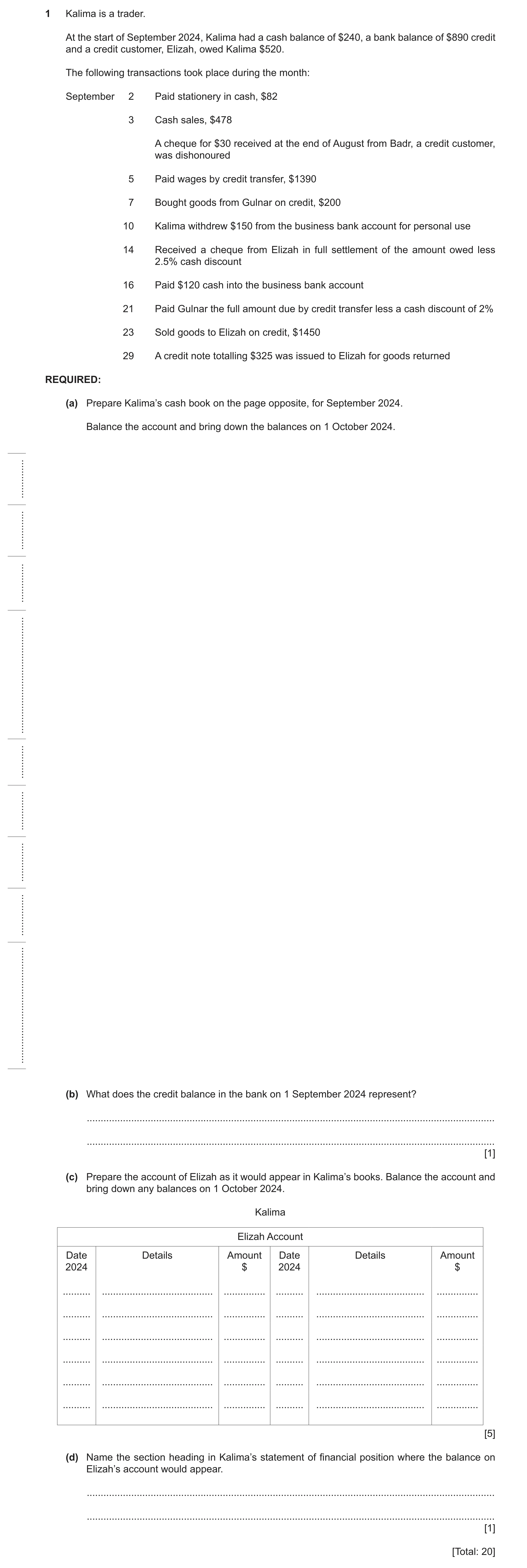 Question 15: Kalima is a trader. At the start of September 2024, Kalima had a cash balance of $240, a bank balance of $890 credit and a credit customer,…