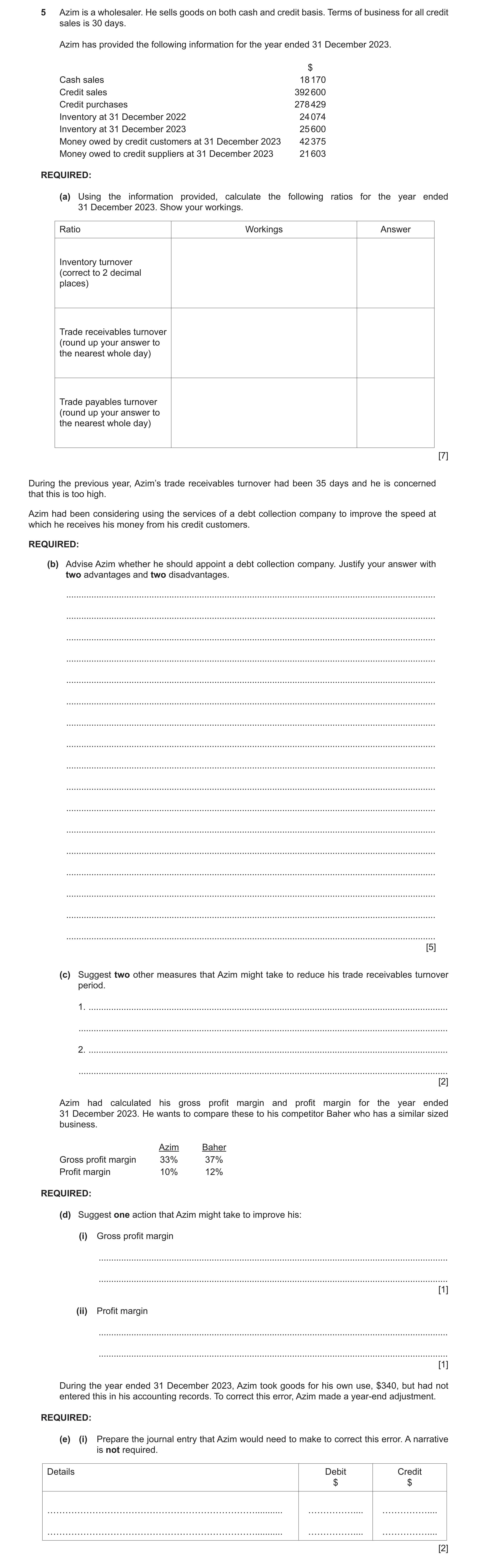 Question 17: Azim is a wholesaler. He sells goods on both cash and credit basis. Terms of business for all credit sales is 30 days. Azim has provided th…