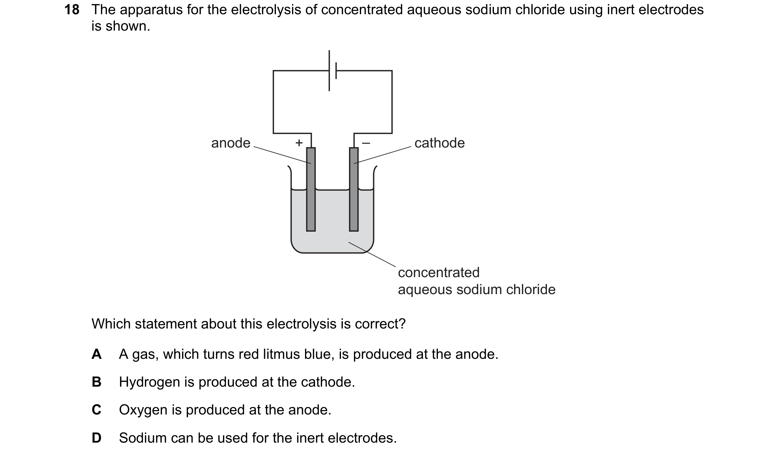 Question 78: The apparatus for the electrolysis of concentrated aqueous sodium chloride using inert electrodes is shown. anode + – cathode concentrated …