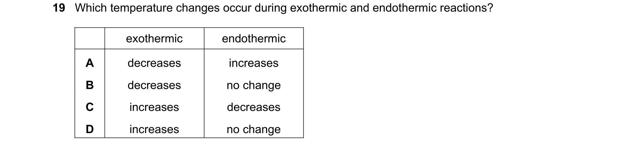 Question 49: Which temperature changes occur during exothermic and endothermic reactions? exothermic endothermic A decreases increases B decreases no ch…