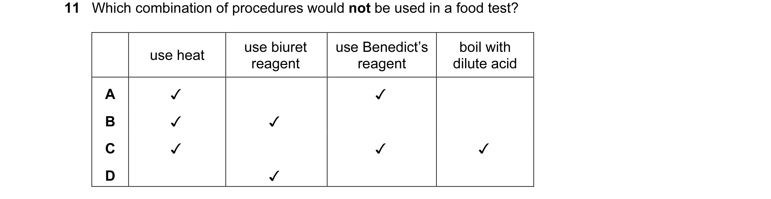 Question 7: Which combination of procedures would not be used in a food test?

use biuret use Benedict’s boil with
use heat : ;
reagent reagent dilute …