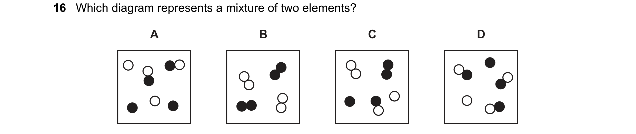 Question 52: Which diagram represents a mixture of two elements? A B C D
