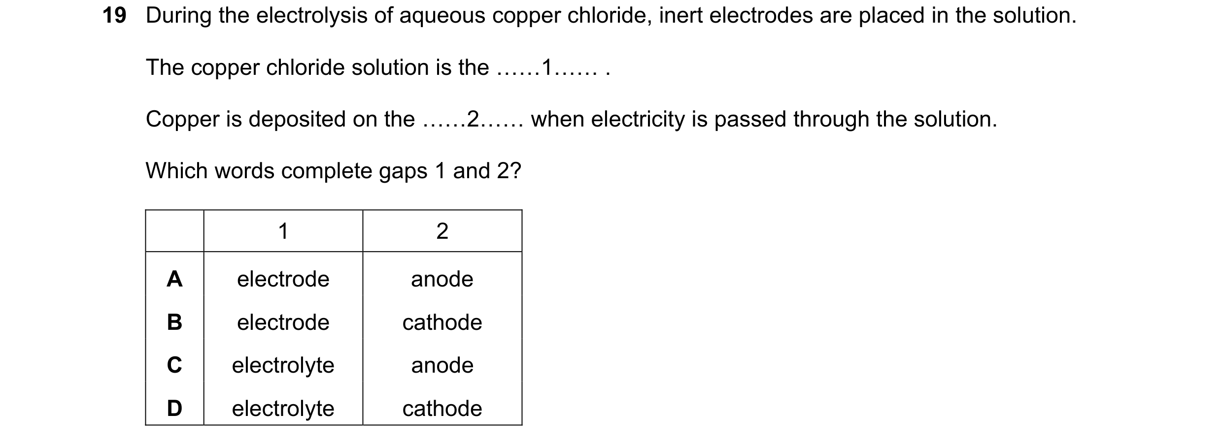Question 59: During the electrolysis of aqueous copper chloride, inert electrodes are placed in the solution. The copper chloride solution is the ««1«« …