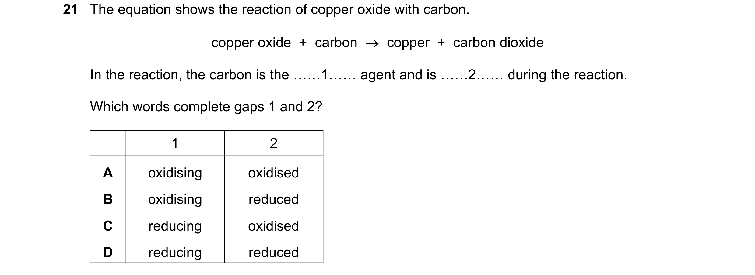 Question 42: The equation shows the reaction of copper oxide with carbon. copper oxide + carbon → copper + carbon dioxide In the reaction, the car…