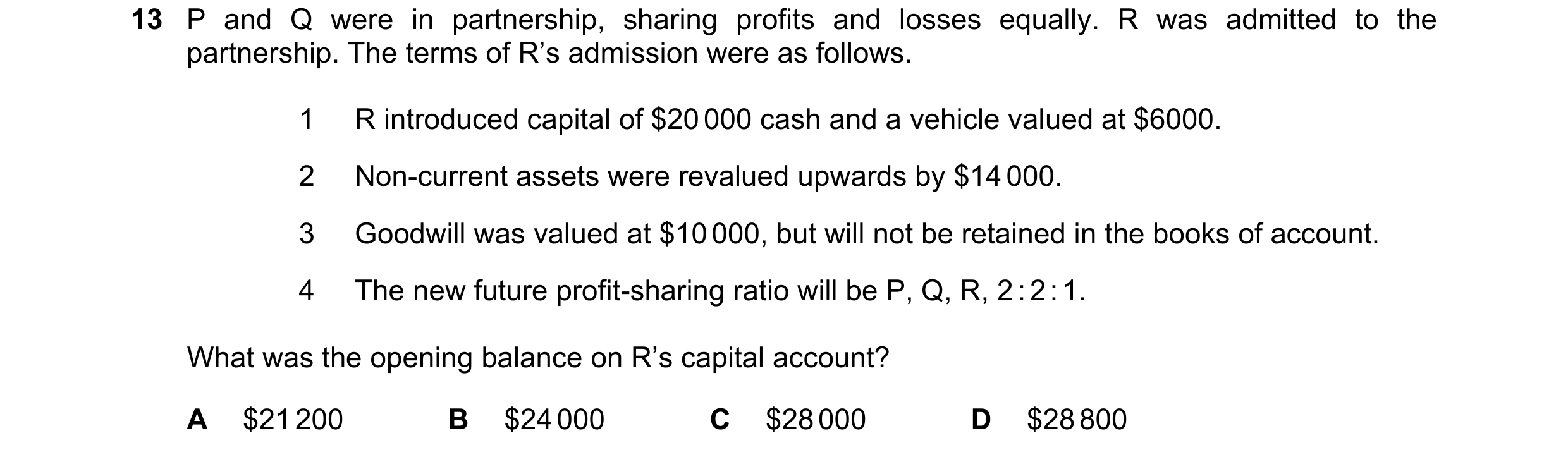 Question 124: P and Q were in partnership, sharing profits and losses equally. R was admitted to the partnership. The terms of R’s admission were as foll…