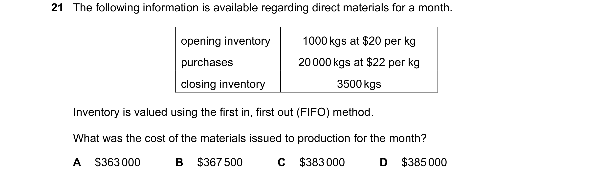 Question 330: The following information is available regarding direct materials for a month. opening inventory 1000 kgs at $20 per kg purchases 20 000 kg…