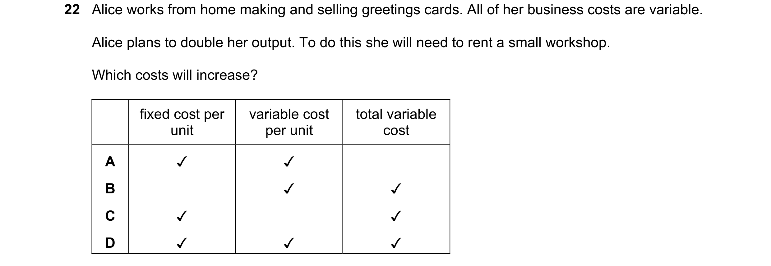Question 331: Alice works from home making and selling greetings cards. All of her business costs are variable.
Alice plans to double her output. To do t…