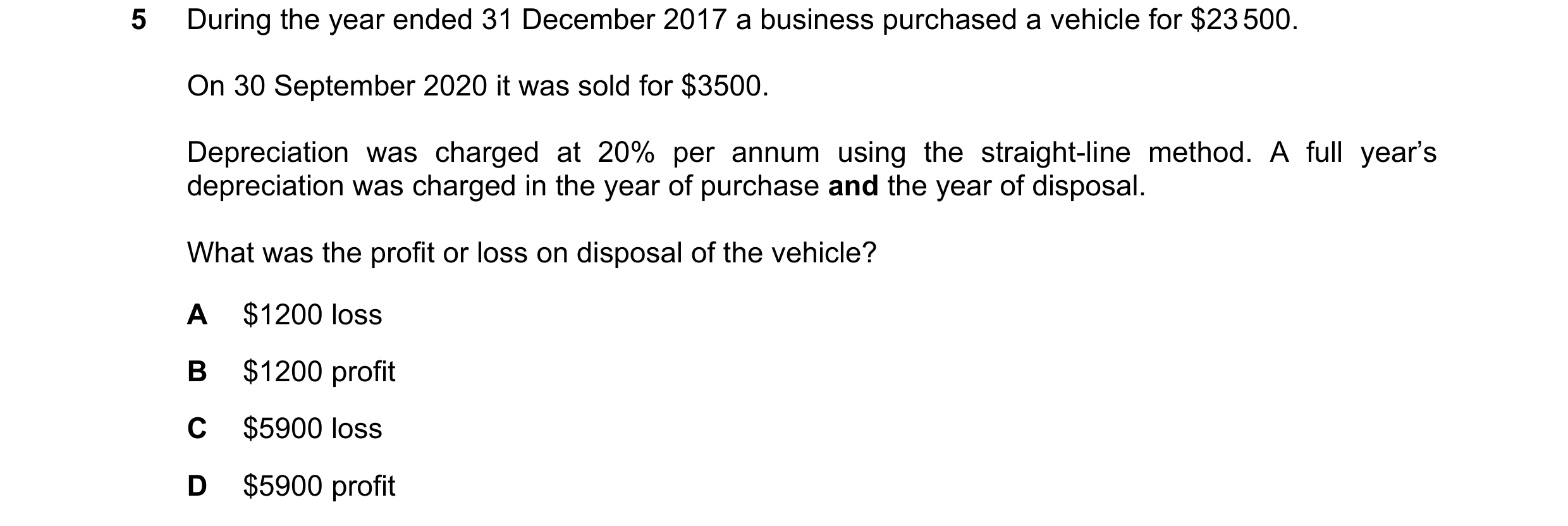 Question 210: During the year ended 31 December 2017 a business purchased a vehicle for $23 500. On 30 September 2020 it was sold for $3500. Depreciation…