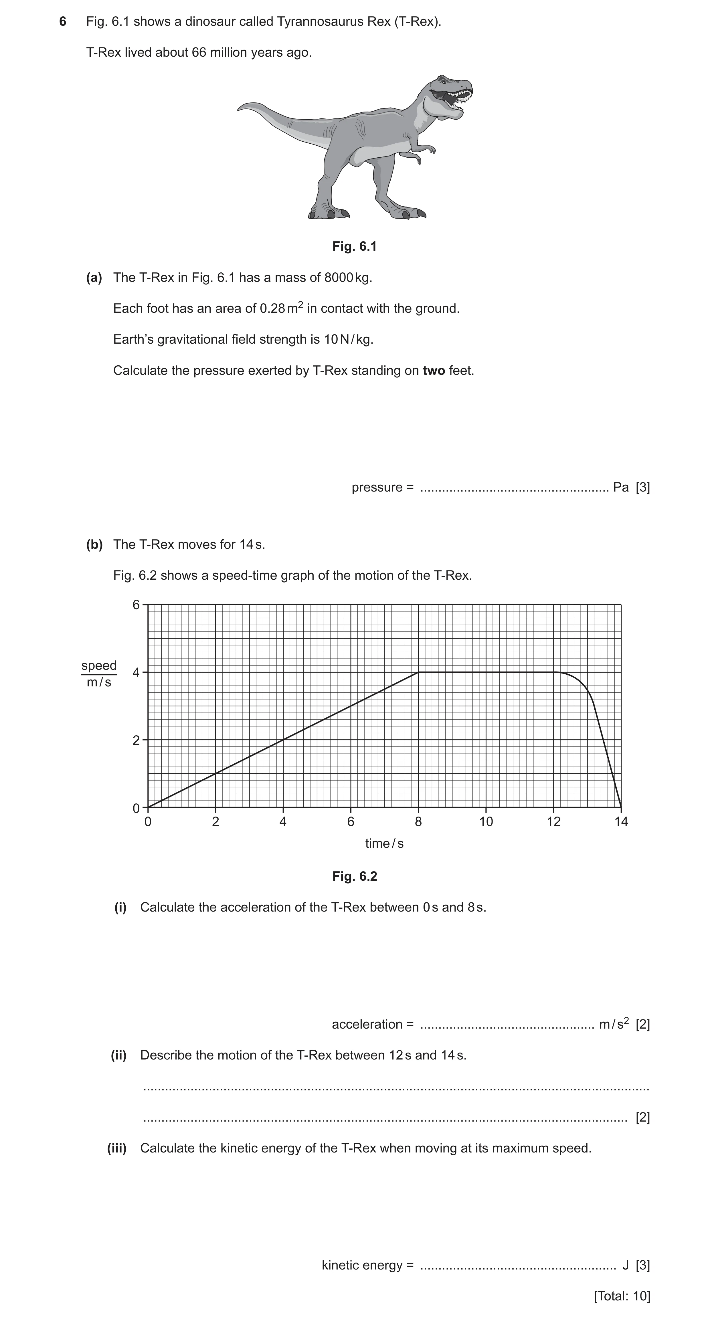 Question 21: Fig. 6.1 shows a dinosaur called Tyrannosaurus Rex (T-Rex). T-Rex lived about 66 million years ago. Fig. 6.1 (a) The T-Rex in Fig. 6.1 has …