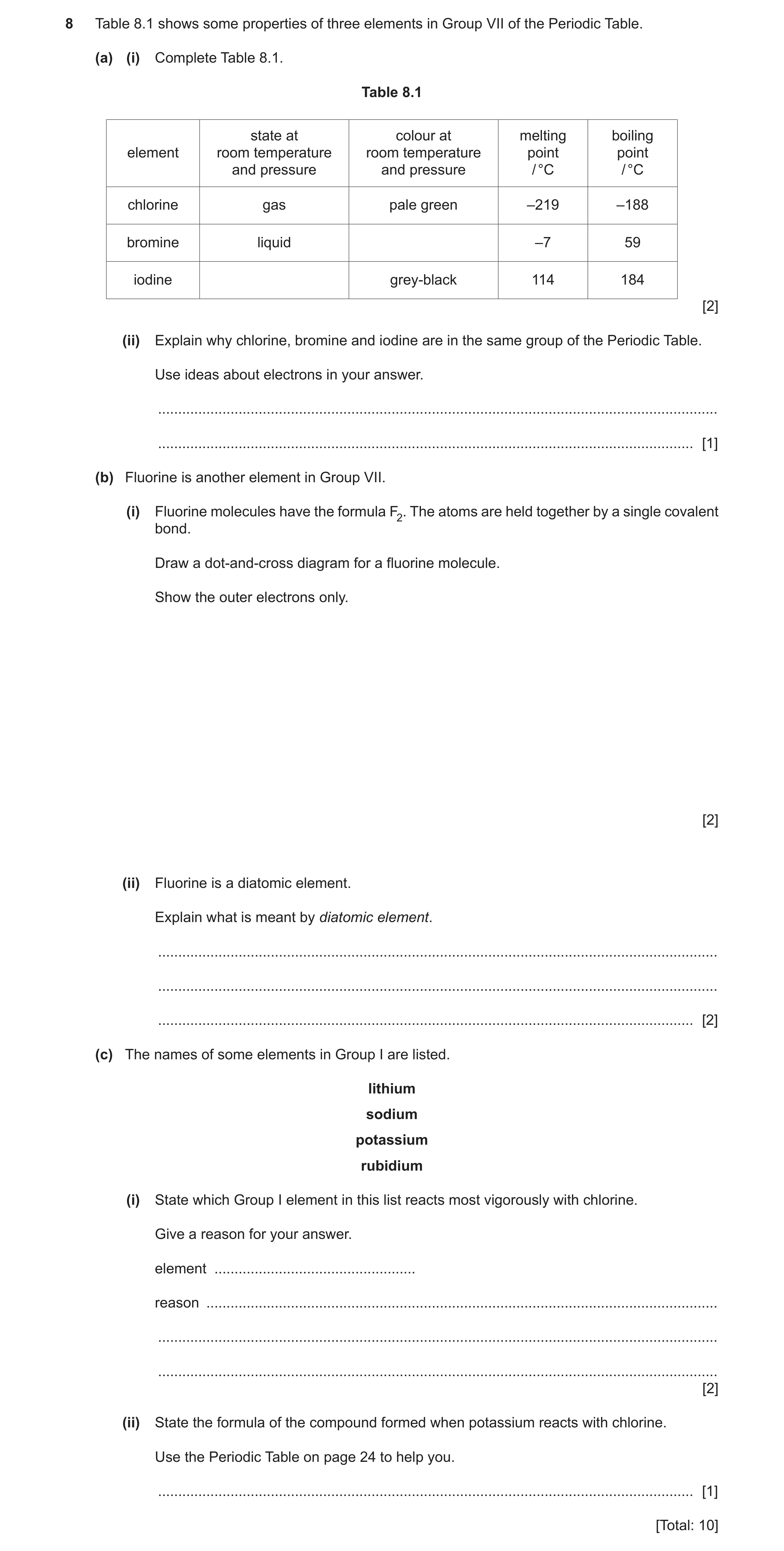 Question 20: Table 8.1 shows some properties of three elements in Group VII of the Periodic Table. (a) (i) Complete Table 8.1. Table 8.1 state at colour…