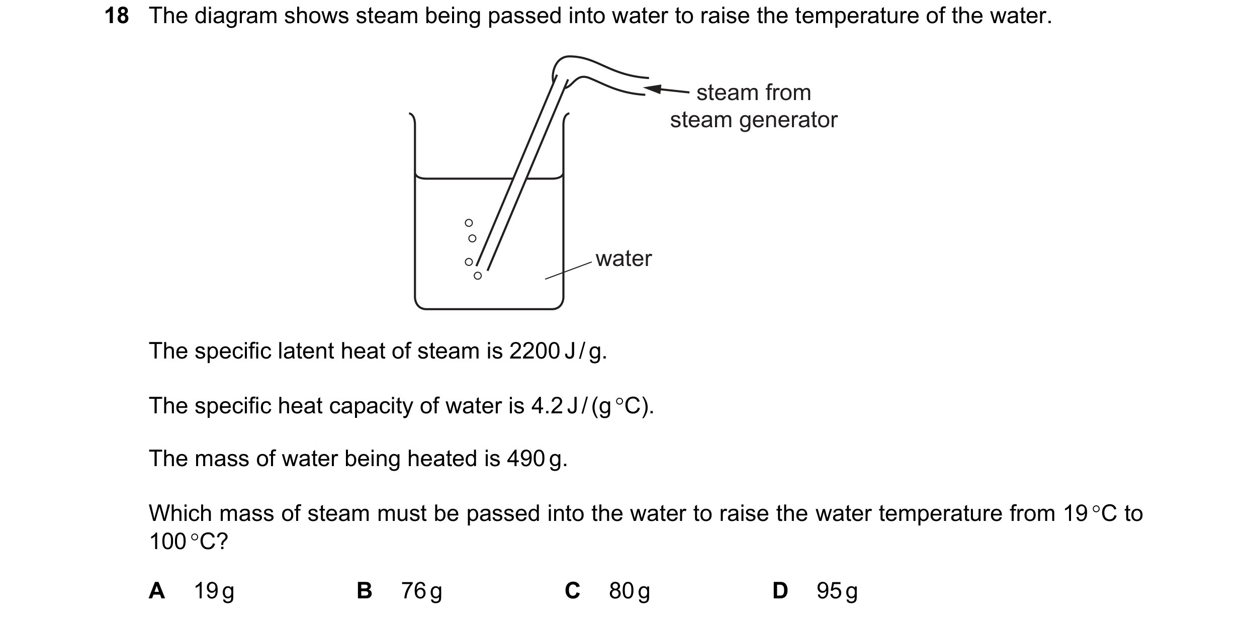 Question 92: The diagram shows steam being passed into water to raise the temperature of the water. steam from steam generator water The specific latent…