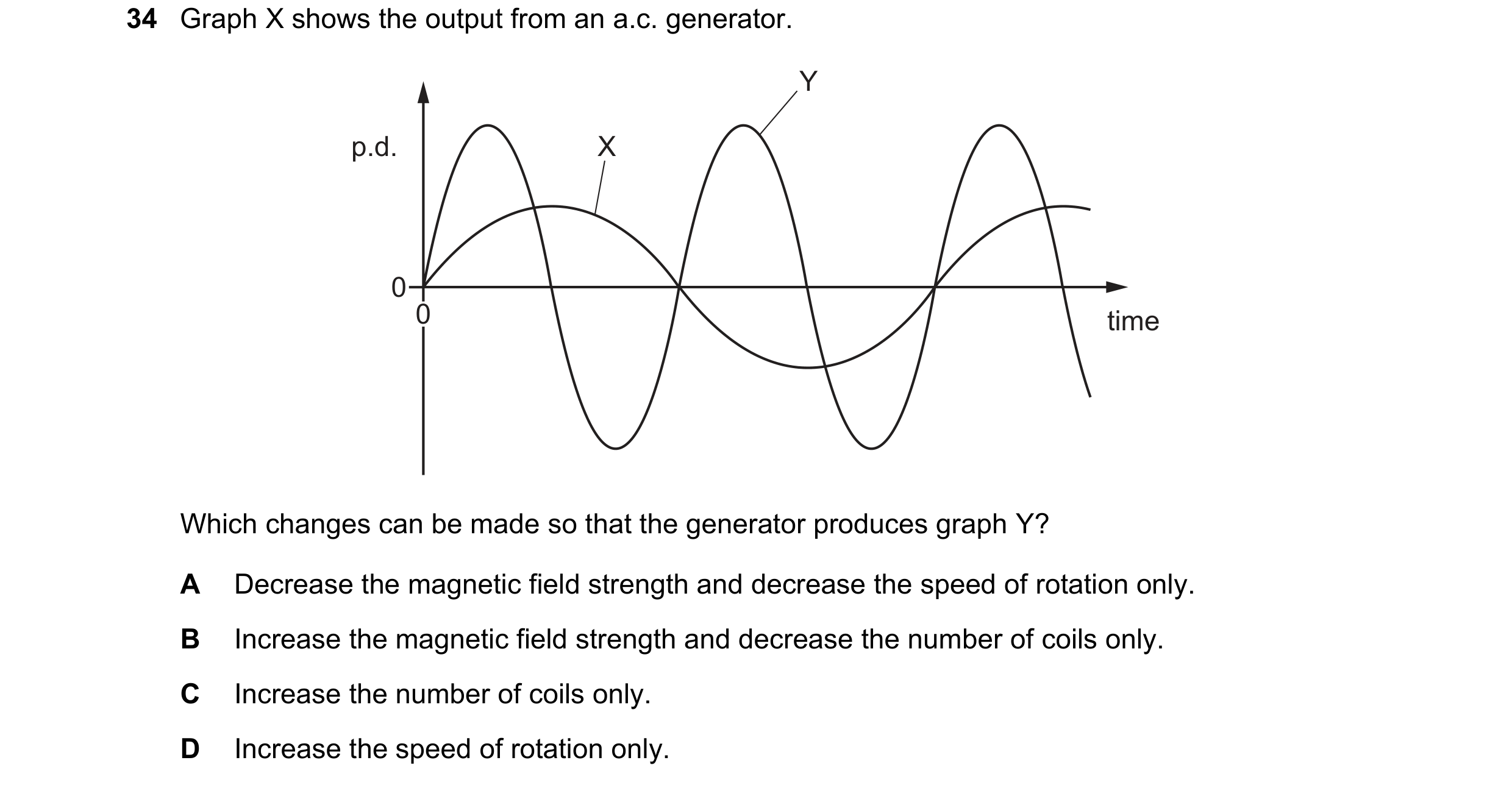Question 90: Graph X shows the output from an a.c. generator. Y p.d. X 0 0 time Which changes can be made so that the generator produces graph Y? A Decr…