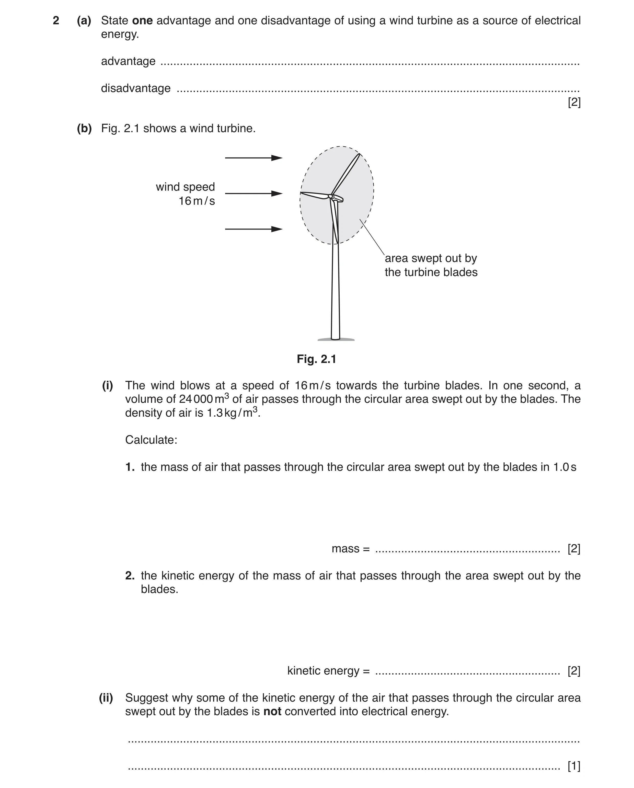 Question 21: (a) State one advantage and one disadvantage of using a wind turbine as a source of electrical energy. advantage ..........................…