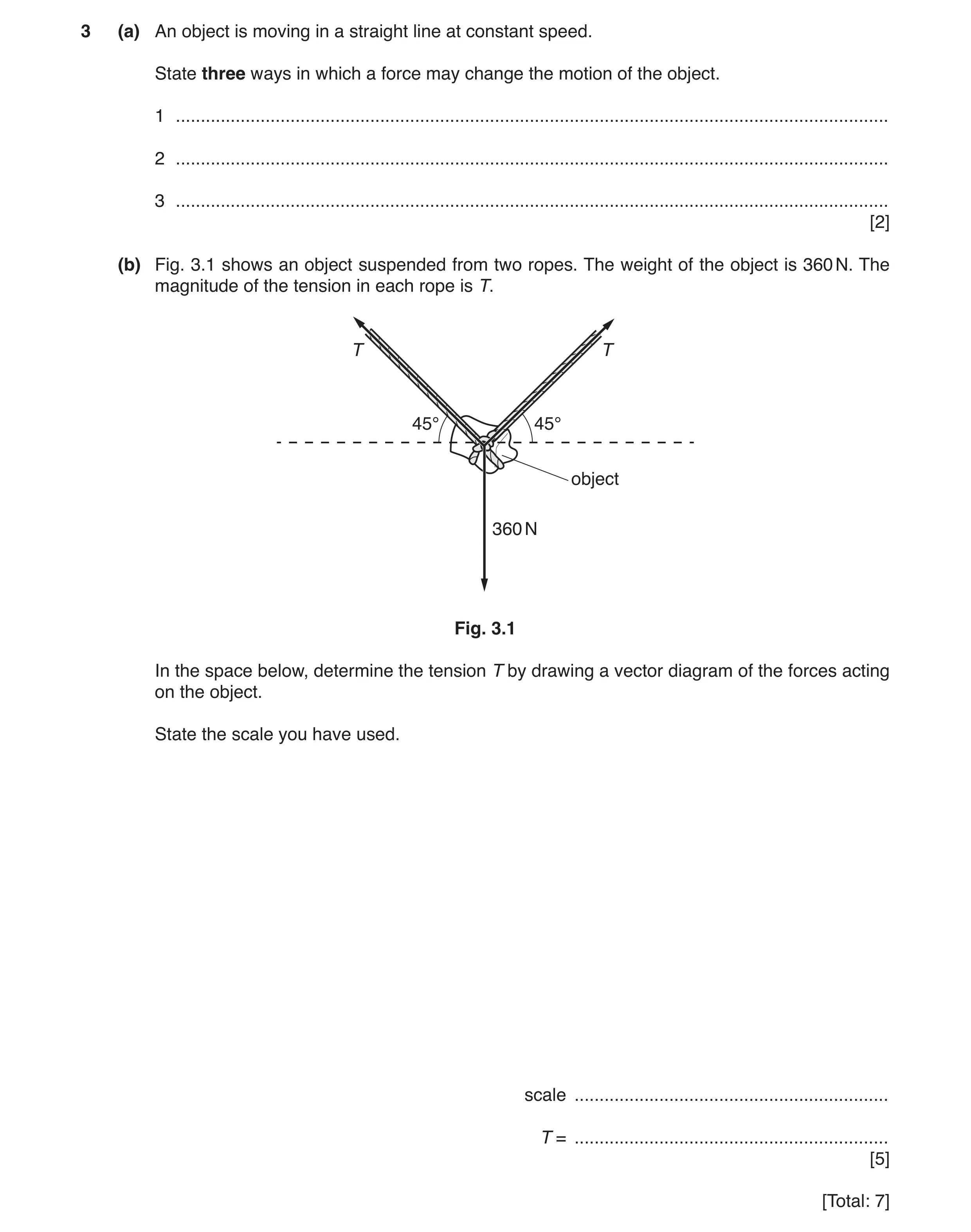 Question 13: (a) An object is moving in a straight line at constant speed. State three ways in which a force may change the motion of the object. 1 ....…