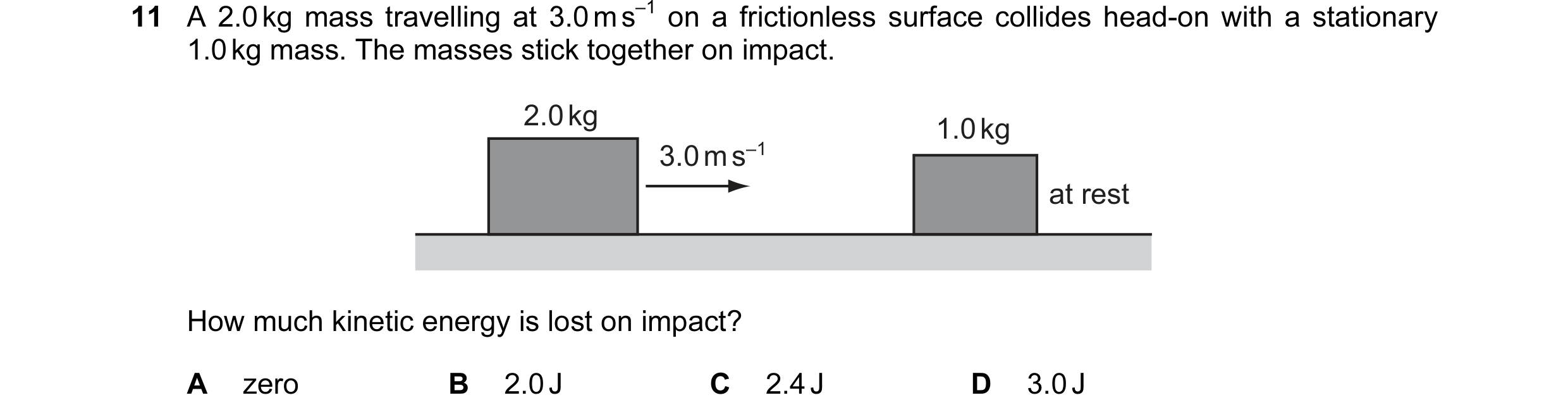 Question 56: A 2.0 kg mass travelling at 3.0 m s–1 on a frictionless surface collides head-on with a stationary 1.0 kg mass. The masses stick together o…