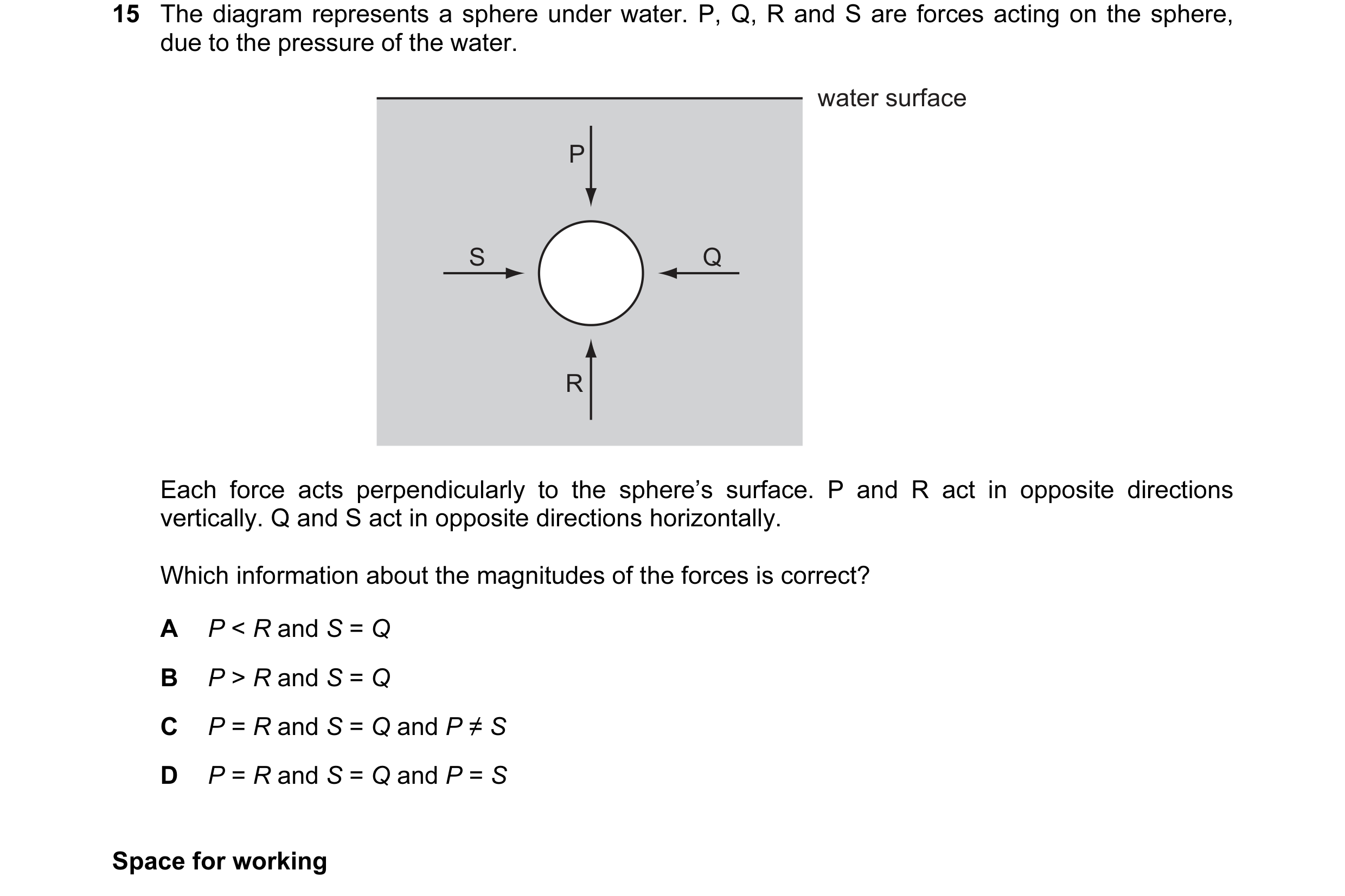 Question 36: The diagram represents a sphere under water. P, Q, R and S are forces acting on the sphere, due to the pressure of the water. water surface…