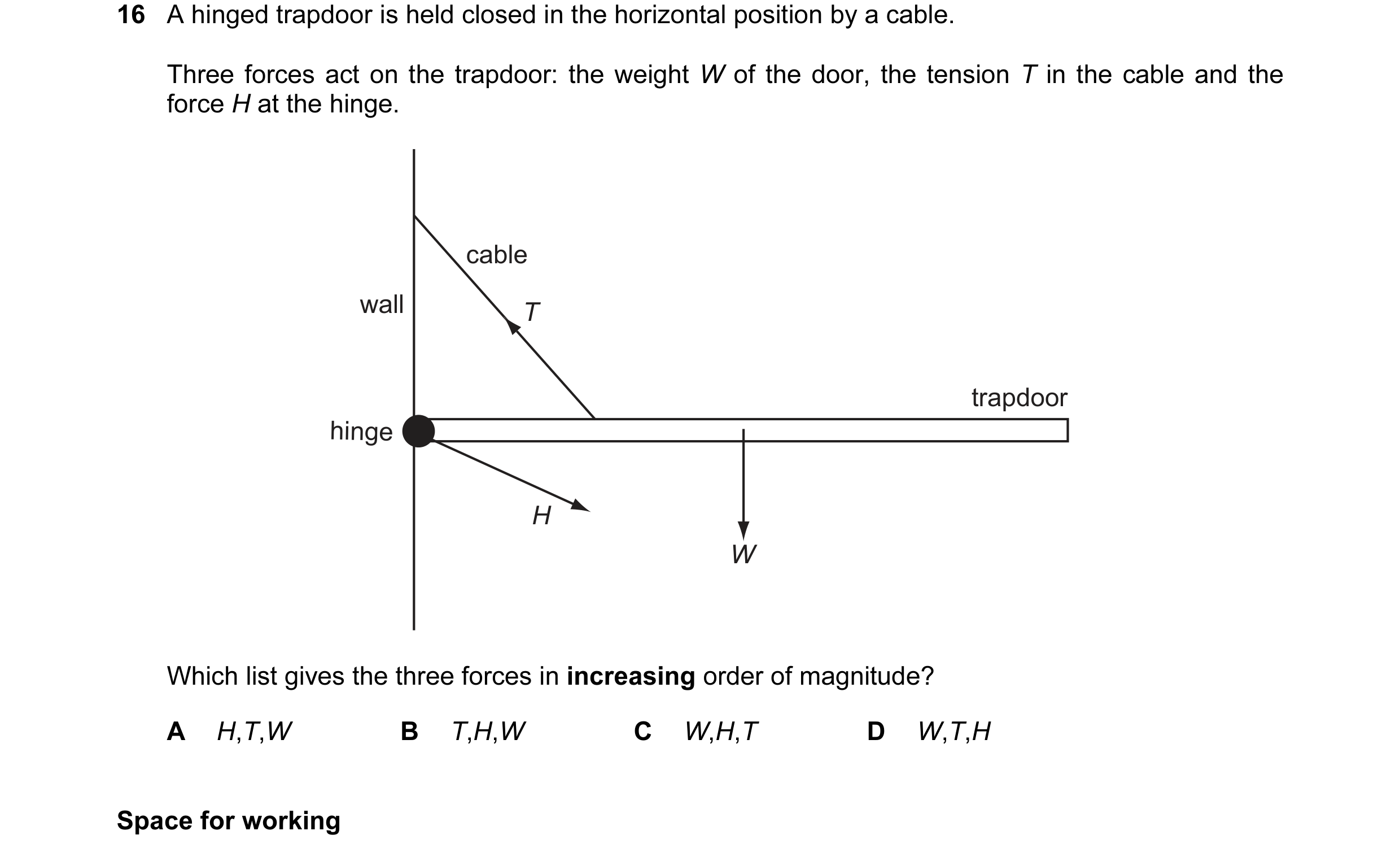Question 35: A hinged trapdoor is held closed in the horizontal position by a cable. Three forces act on the trapdoor: the weight W of the door, the ten…