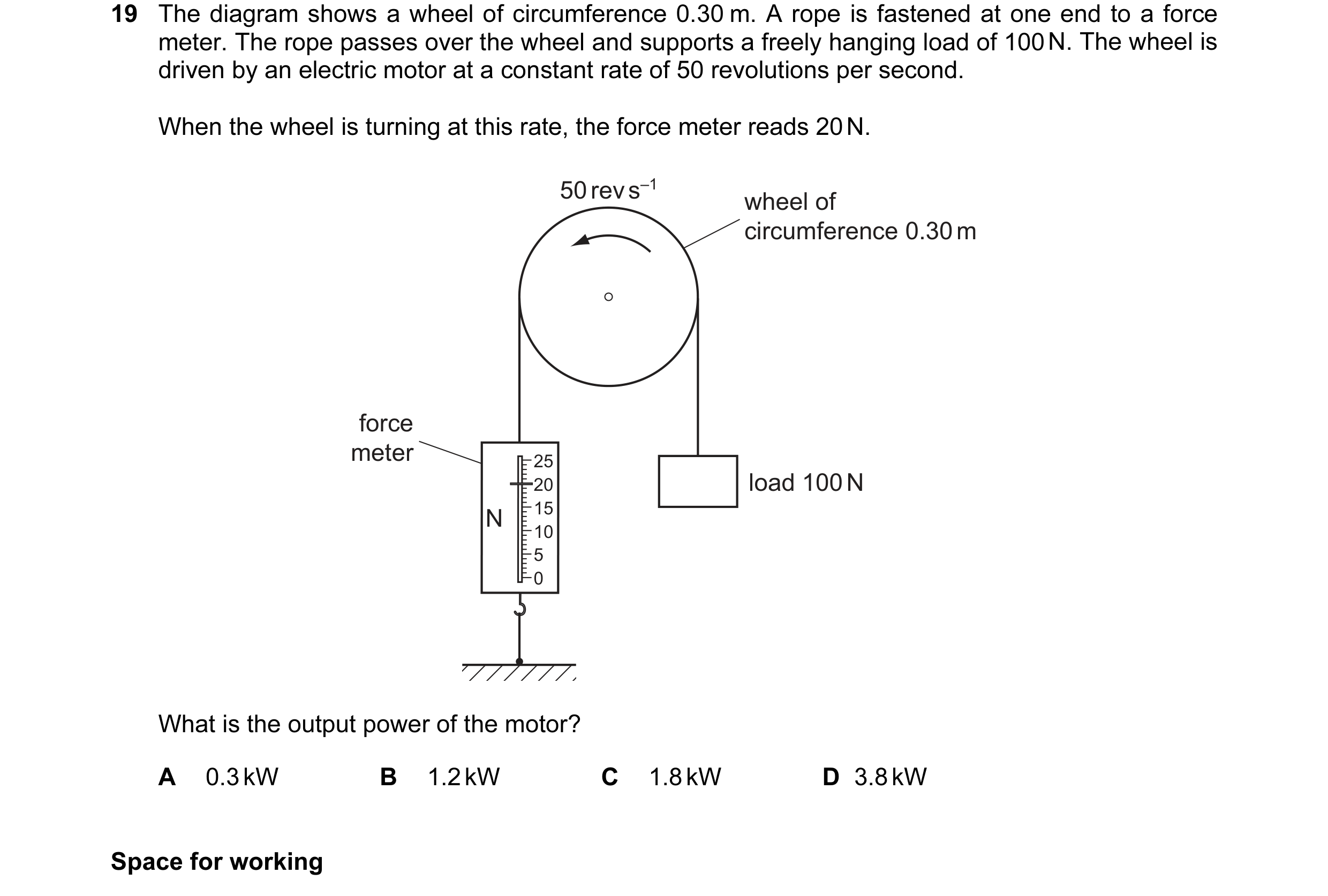 Question 55: The diagram shows a wheel of circumference 0.30 m. A rope is fastened at one end to a force meter. The rope passes over the wheel and suppo…